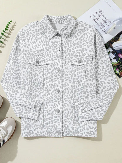 Leopard Button Up Long Sleeve Denim Jacket-Angel Casuals