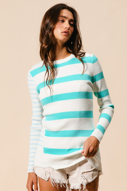 BiBi Contrast Striped Asymmetrical Hem Knit Top-Angel Casuals