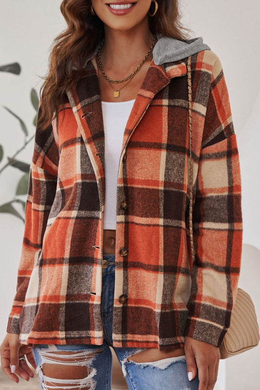 Plaid Button Up Hooded Shacket-Angel Casuals
