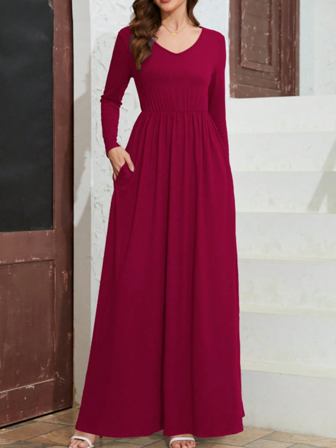 Pocketed V-Neck Long Sleeve Maxi Dress-Angel Casuals