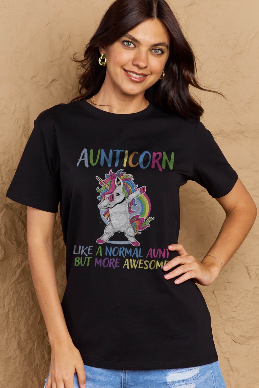 Simply Love Full Size AUNTICORN LIKE A NORMAL AUNT BUT MORE AWESOME Graphic Cotton Tee-Angel Casuals