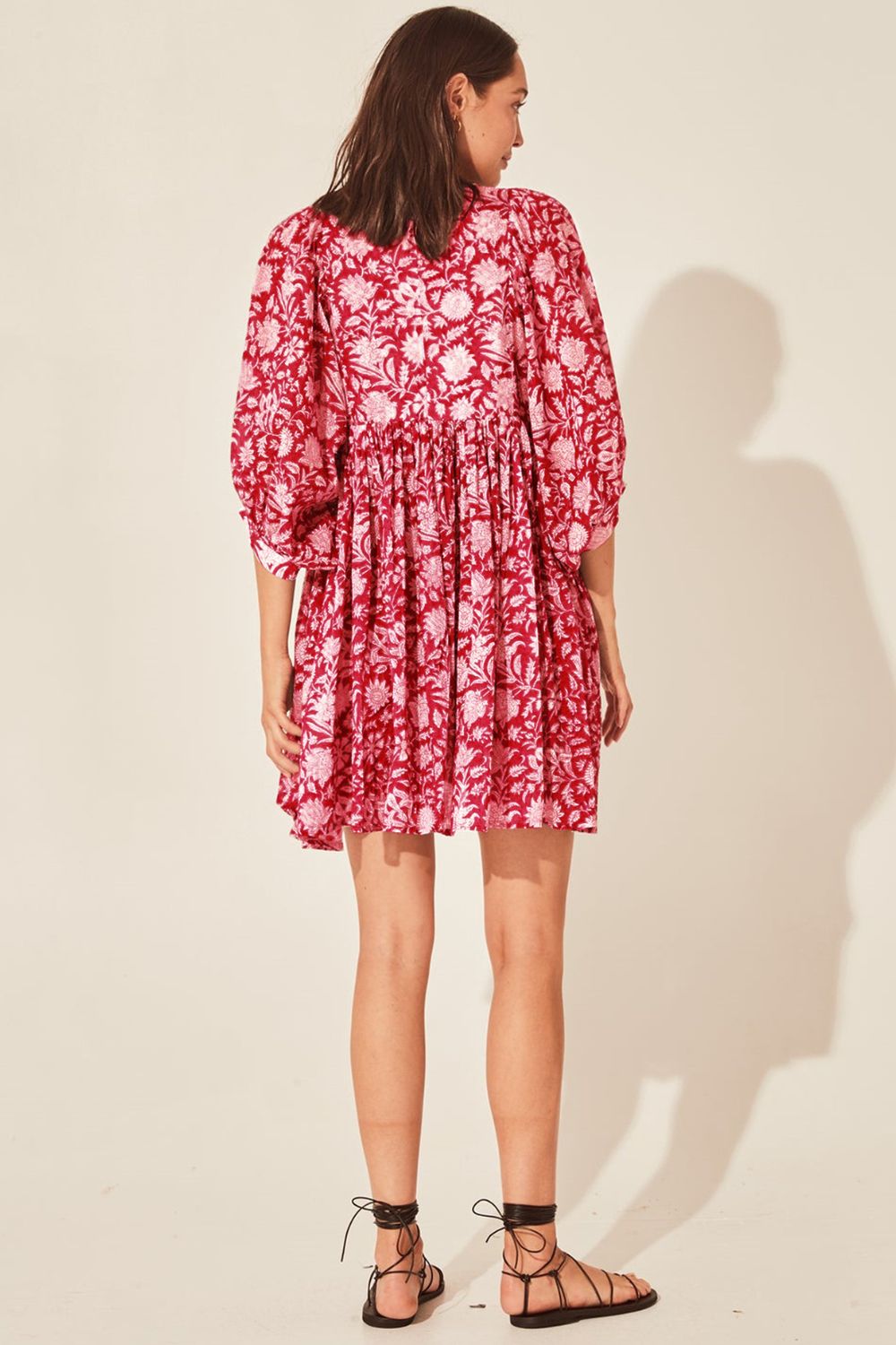 Floral Tie Neck Lantern Sleeve Dress-Angel Casuals