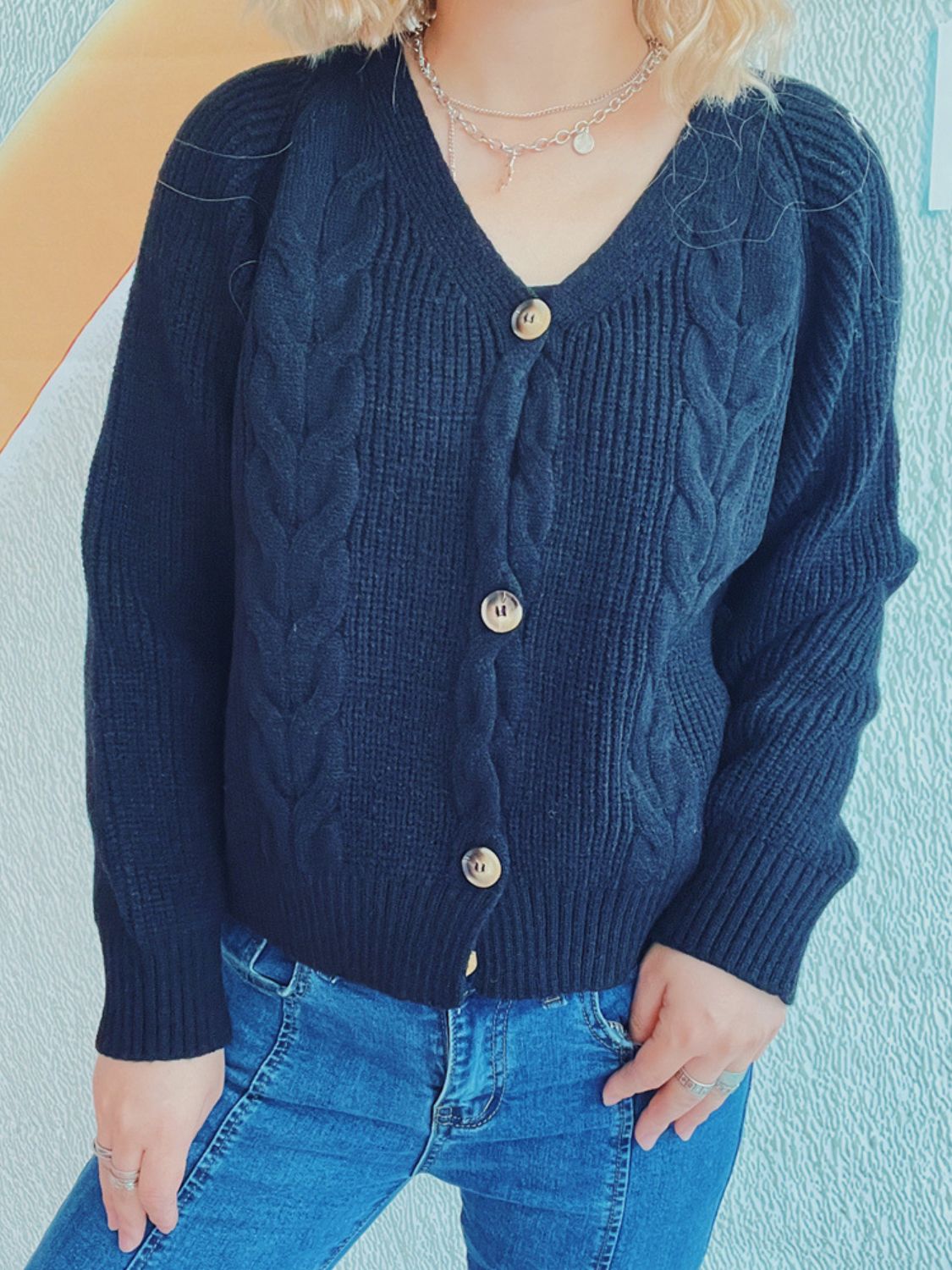 Cable-Knit V-Neck Button Down Long Sleeve Cardigan-Angel Casuals
