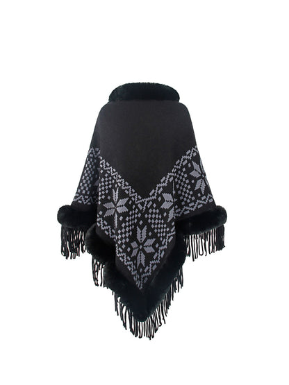 Fringe Geometric Cape Sleeve Poncho-Angel Casuals