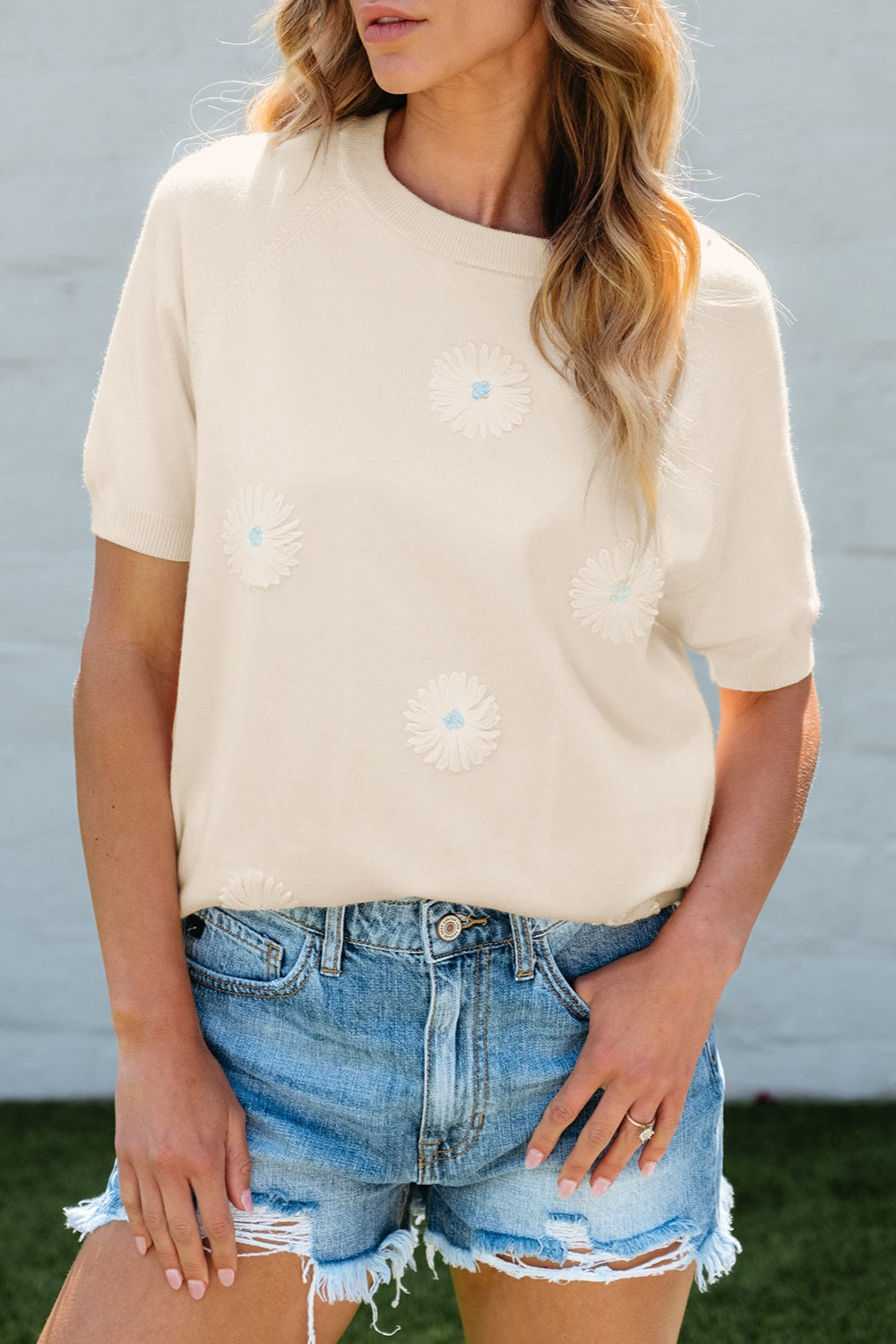 Daisy Round Neck Short Sleeve Knit Top-Angel Casuals