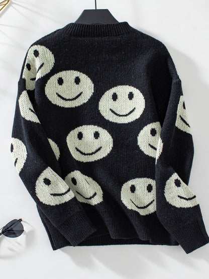 Smile Pattern Round Neck Long Sleeve Sweater-Angel Casuals