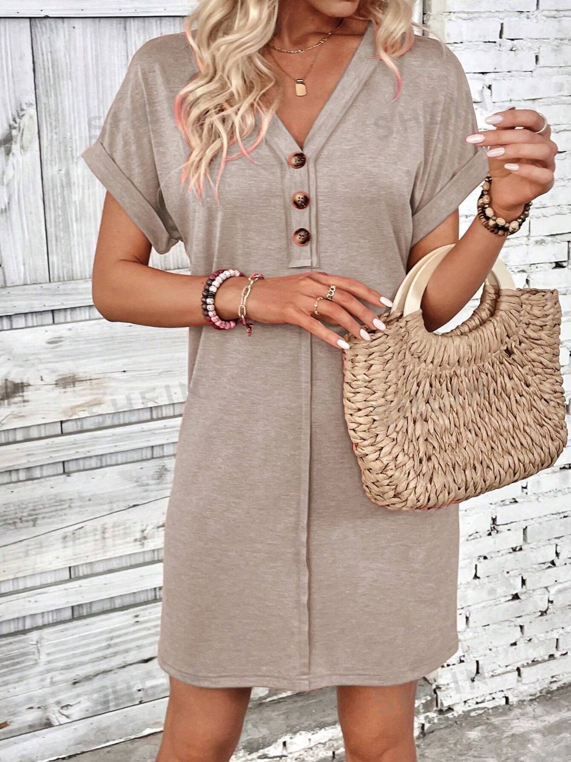 Quarter Button V-Neck Short Sleeve Dress-Angel Casuals