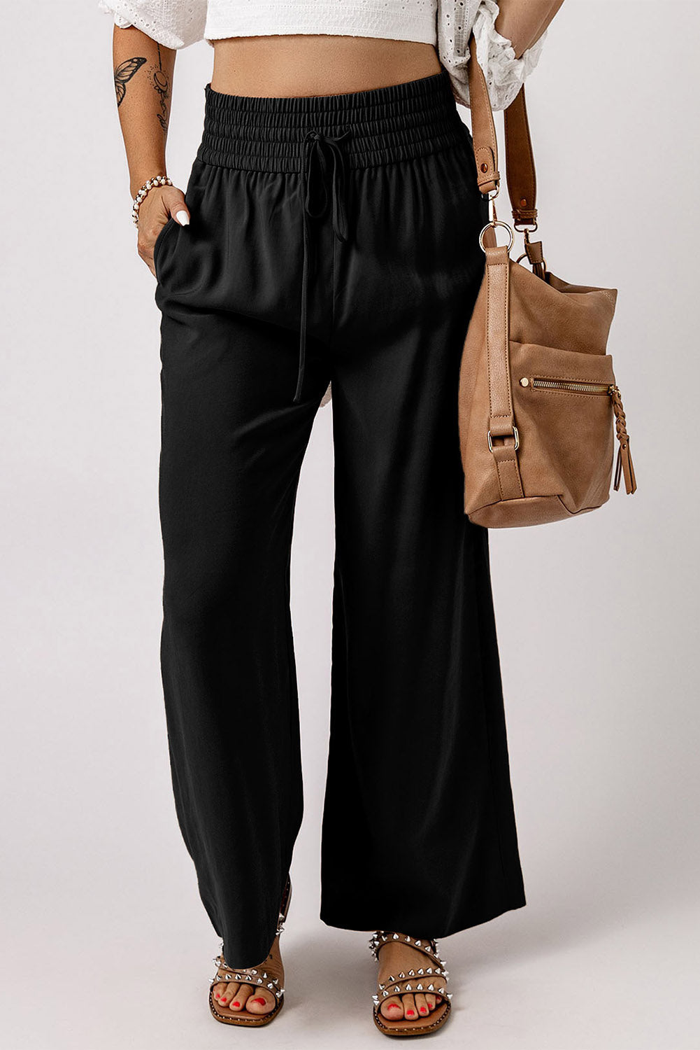 Drawstring Smocked Waist Wide Leg Pants-Angel Casuals