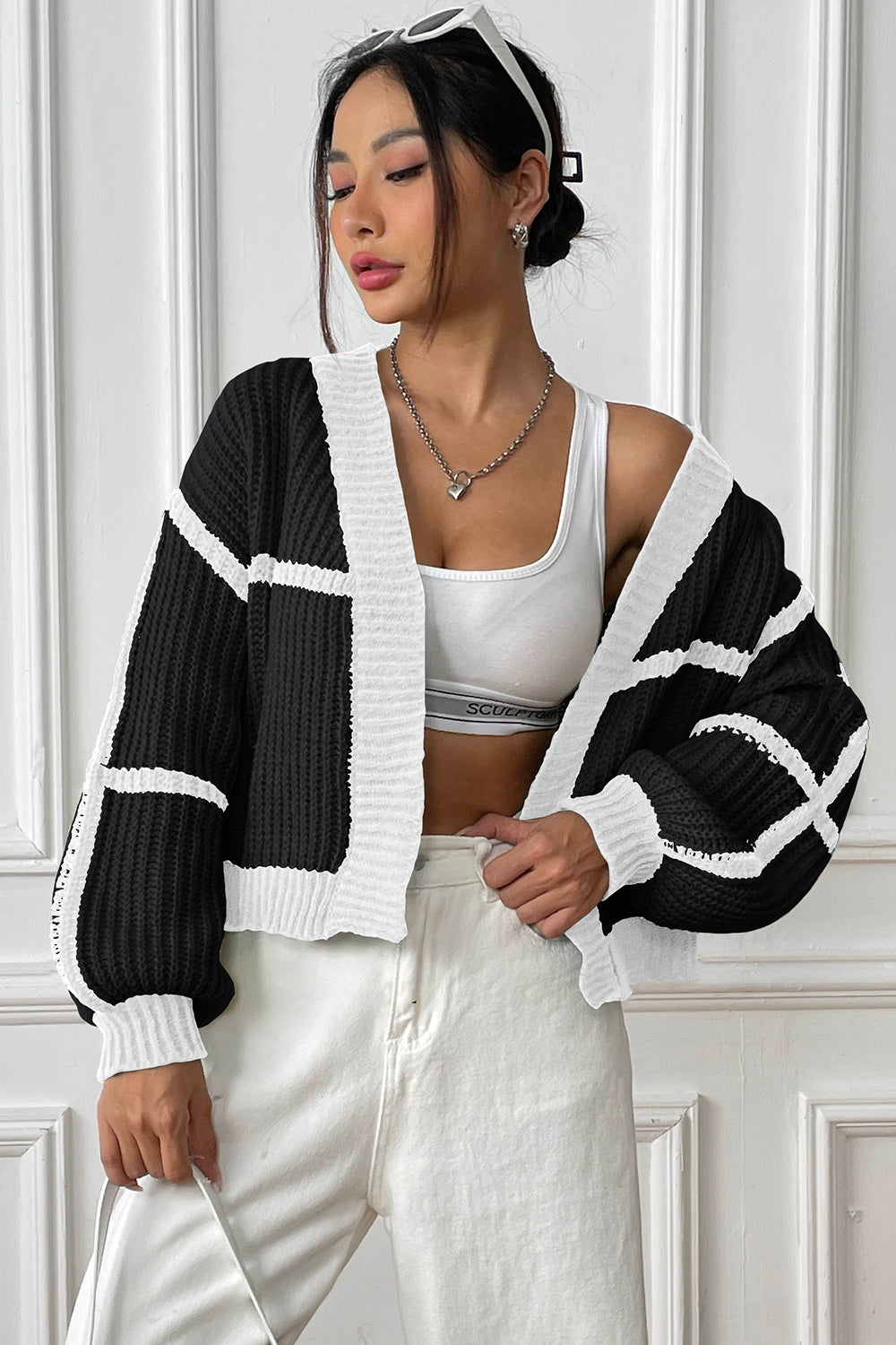Contrast Open Front Long Sleeve Cardigan-Angel Casuals