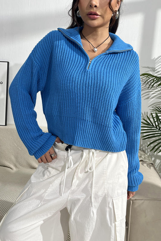 Quarter Zip Dropped Shoulder Sweater-Angel Casuals