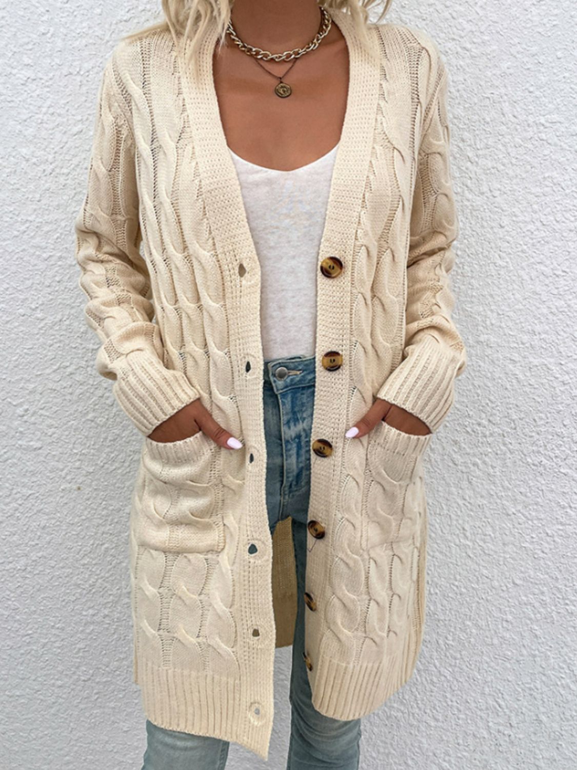 Cable-Knit Button Down Cardigan with Pockets-Angel Casuals