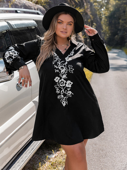 Plus Size Embroidered Long Sleeve Mini Dress-Angel Casuals