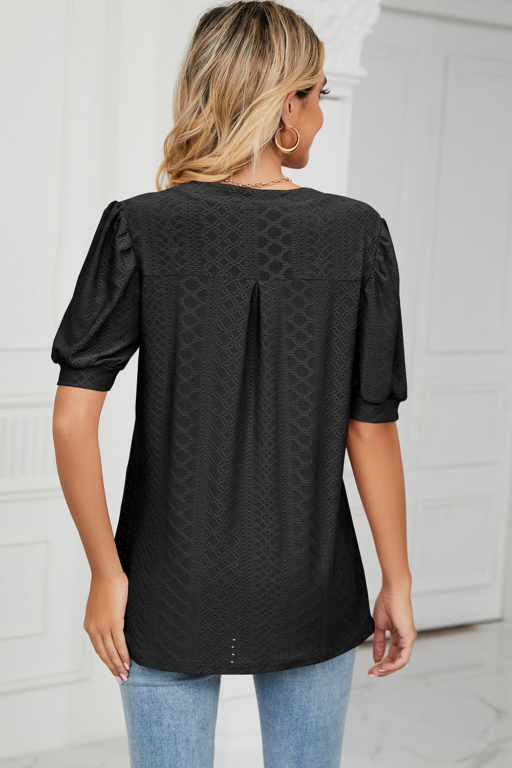 Eyelet Notched Short Sleeve T-Shirt-Angel Casuals