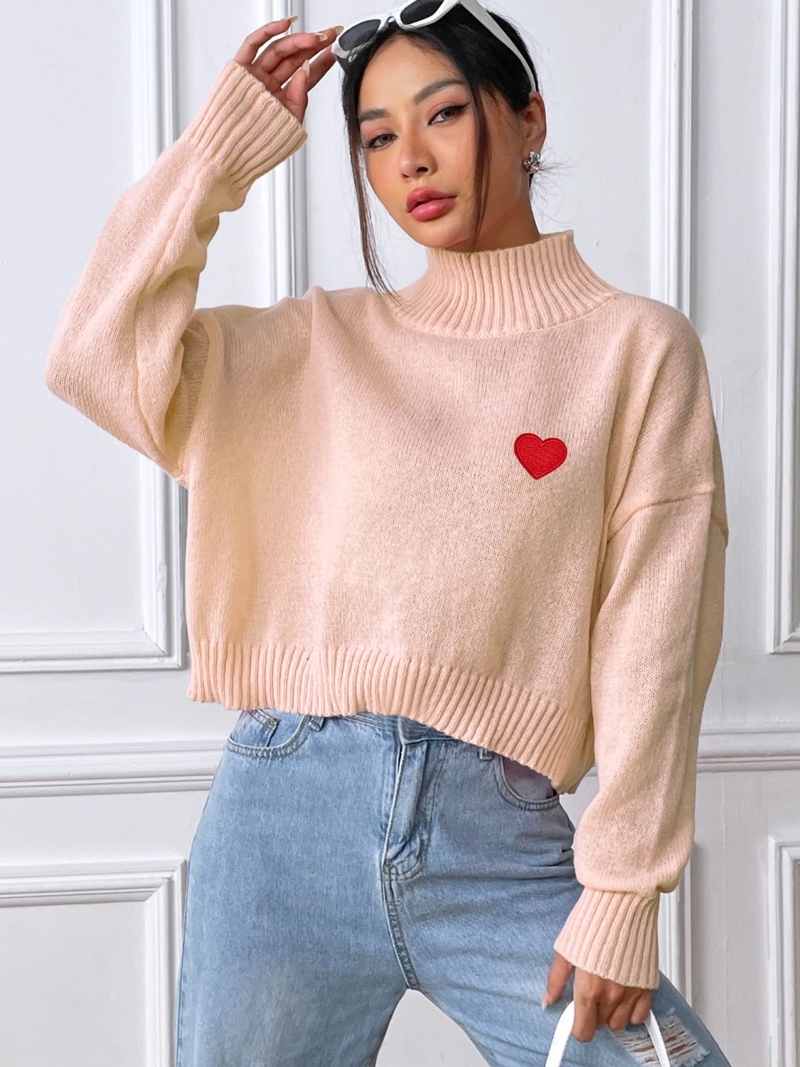 Heart Turtleneck Long Sleeve Sweater-Angel Casuals