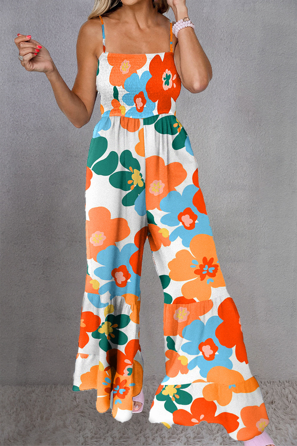 Printed Smocked Spaghetti Strap Jumpsuit-Angel Casuals