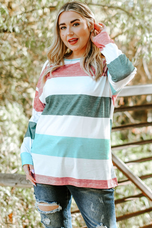 Plus Size Striped Slit Long Sleeve T-Shirt-Angel Casuals