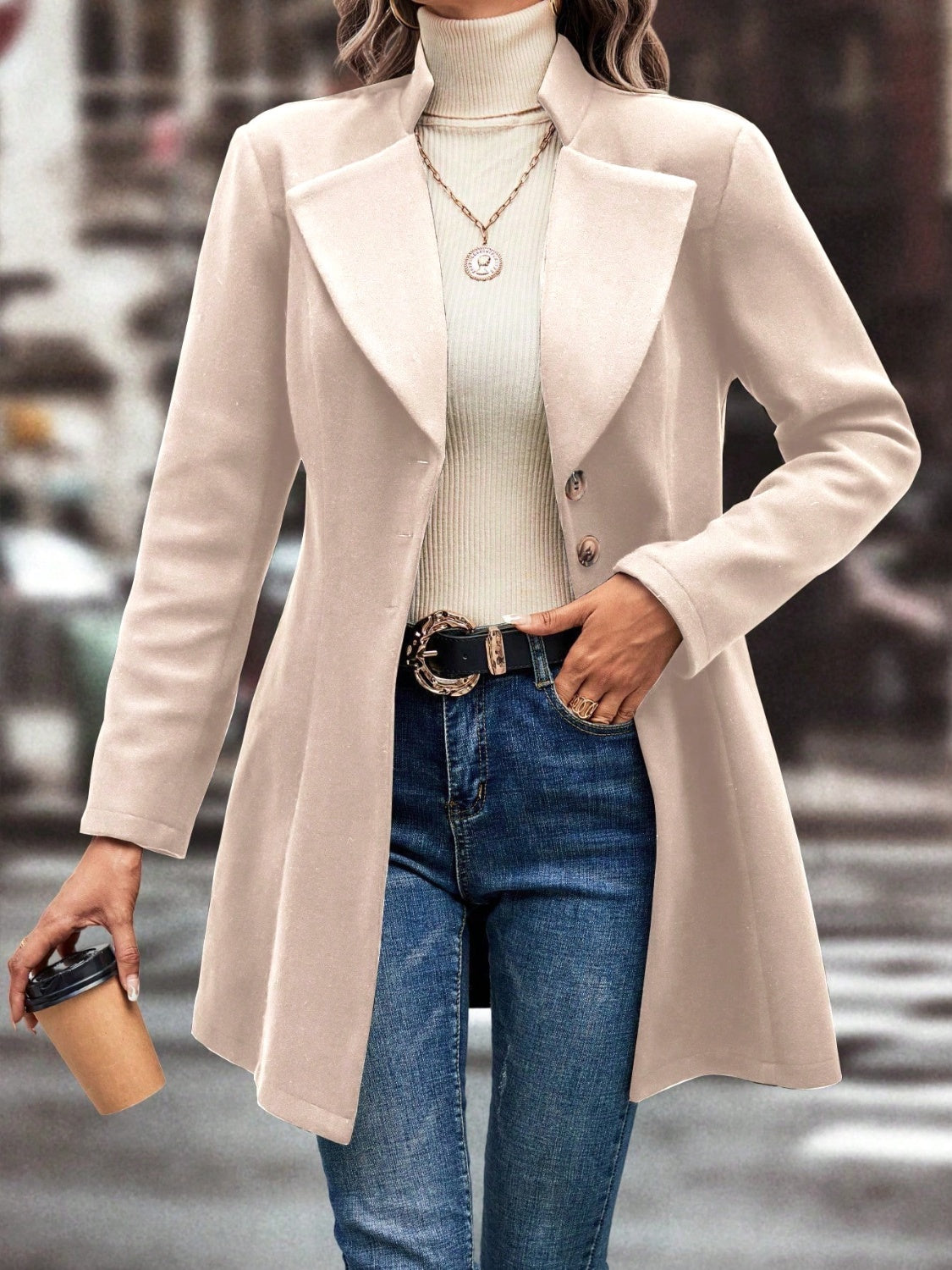 Collared Neck Long Sleeve Longline Coat-Angel Casuals