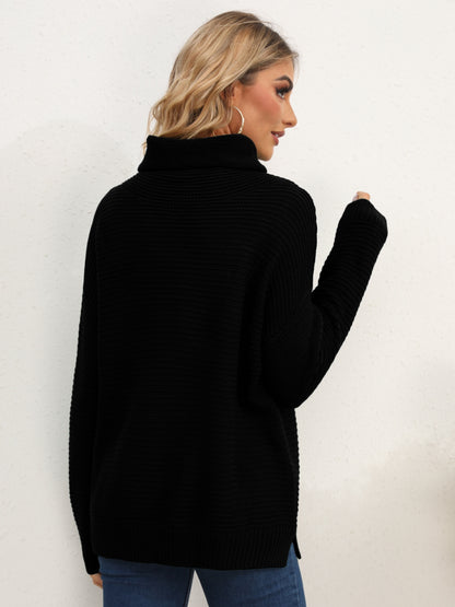 Slit Turtleneck Dropped Shoulder Sweater-Angel Casuals