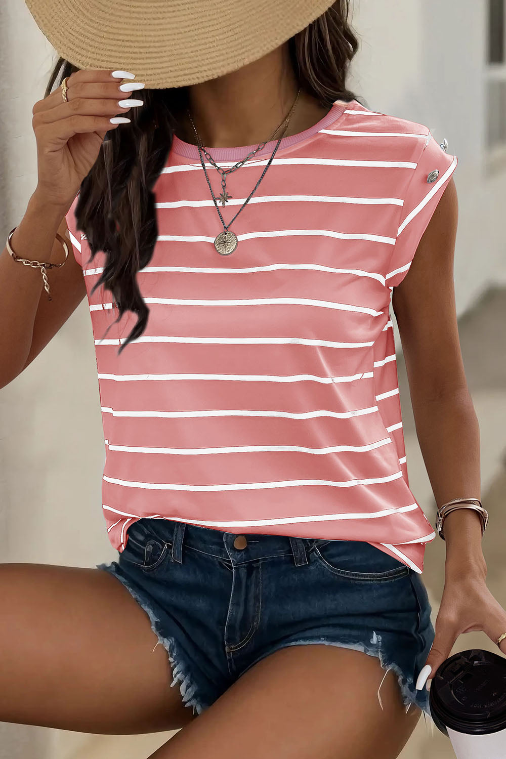 Decorative Button Round Neck T-Shirt-Angel Casuals
