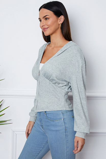 Shiny Ruched Half Zip Hooded Jacket-Angel Casuals