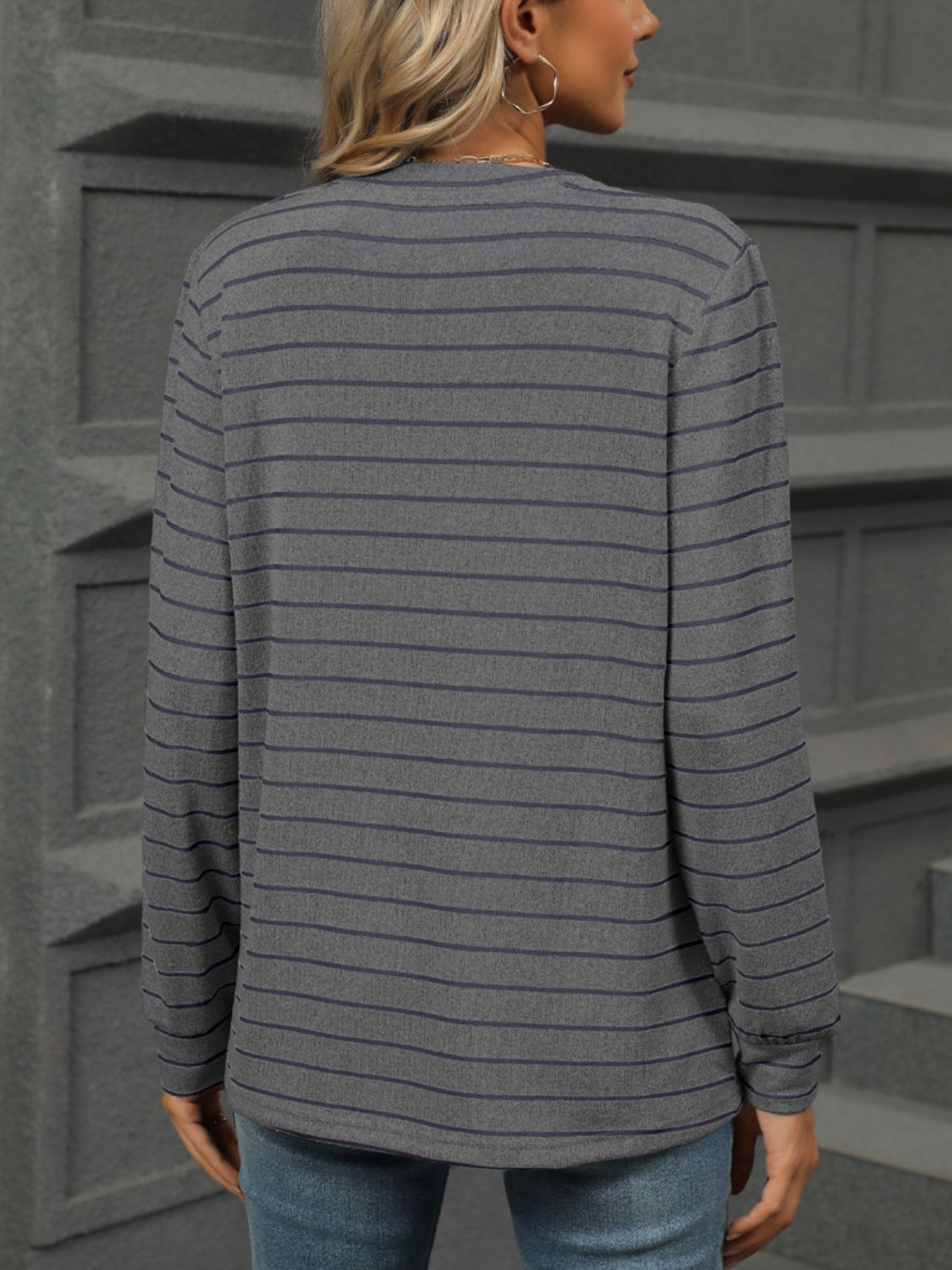 Striped Notched Long Sleeve T-Shirt-Angel Casuals
