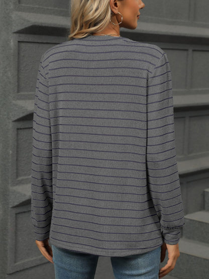 Striped Notched Long Sleeve T-Shirt-Angel Casuals