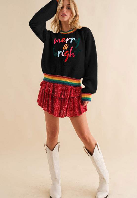 MERRY & BRIGHT Ribbed Round Neck Sweater-Angel Casuals