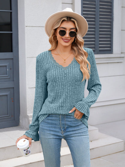 Lace Detail V-Neck Long Sleeve T-Shirt-Angel Casuals