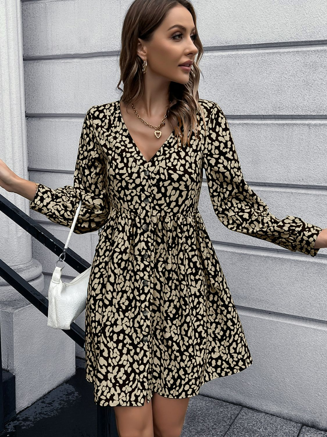 Animal Print Buttoned V-Neck Long Sleeve Dress-Angel Casuals