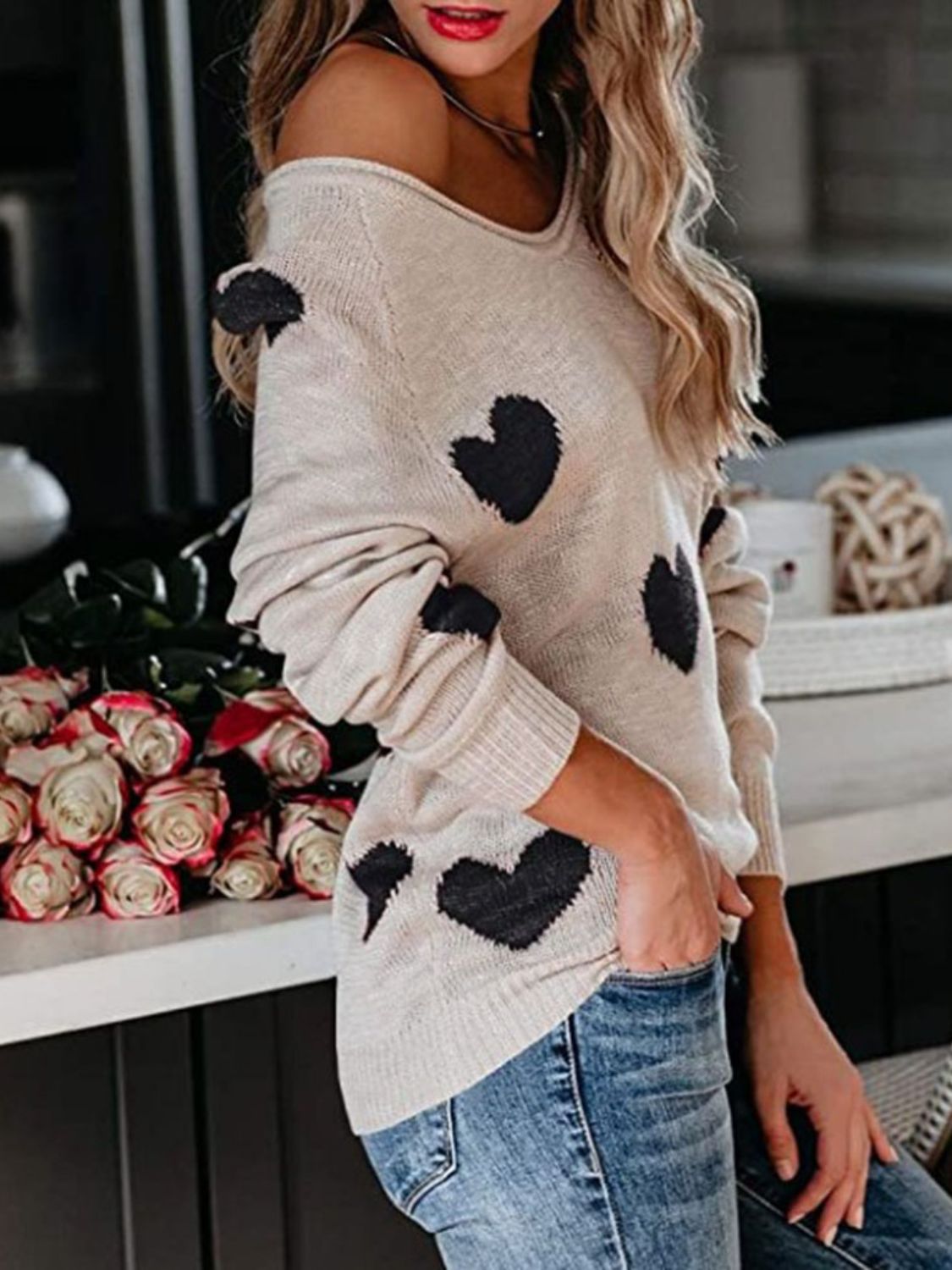 Heart Scoop Neck Long Sleeve Sweater-Angel Casuals