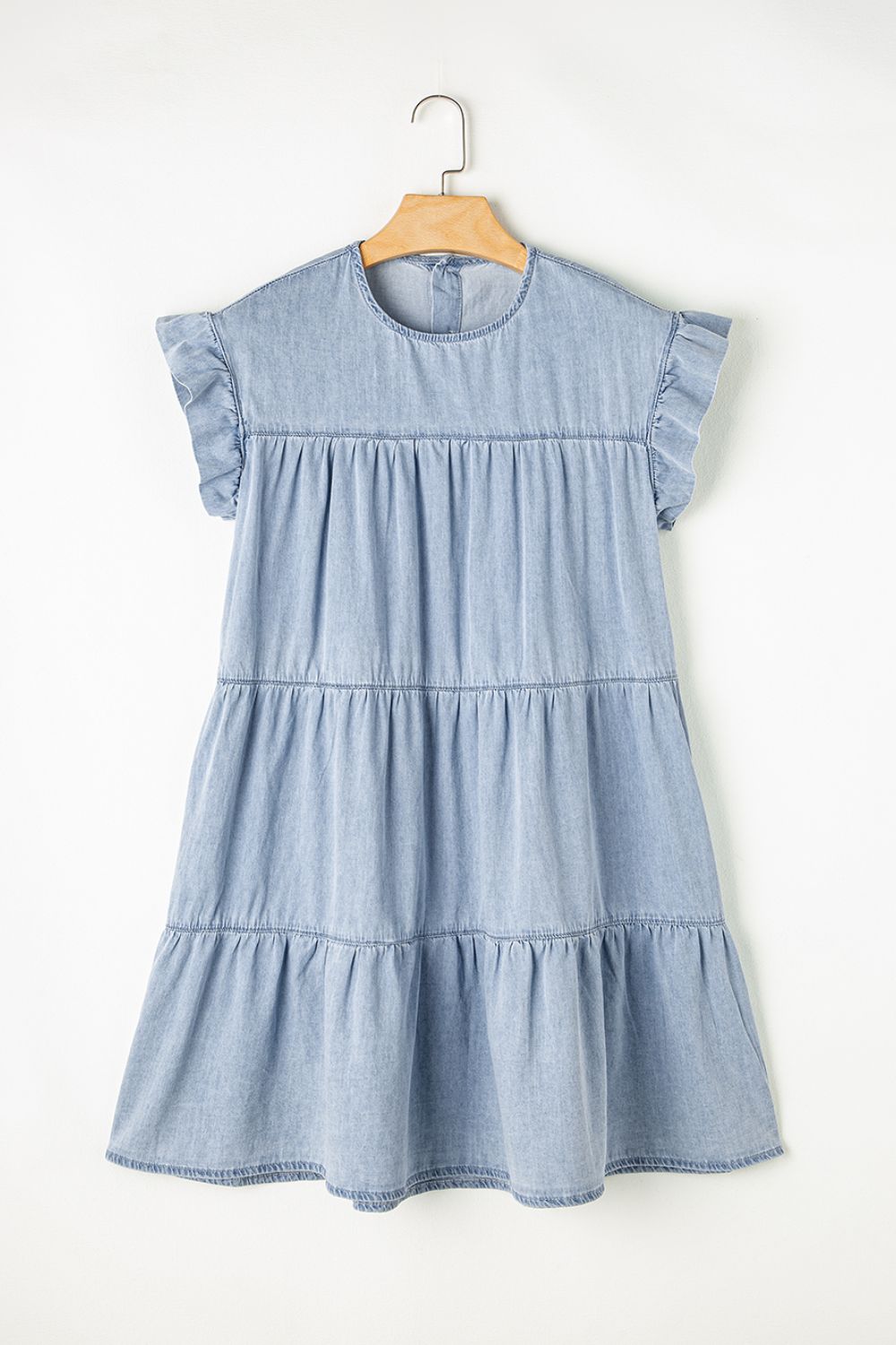 Ruffled Round Neck Cap Sleeve Denim Dress-Angel Casuals