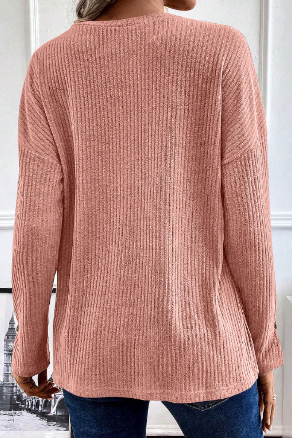 Quarter Button Round Neck Dropped Shoulder Knit Top-Angel Casuals