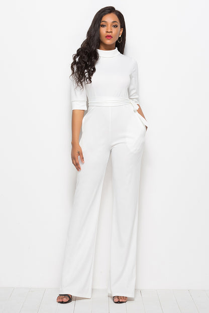 Mock Neck Tie-Waist Half Sleeve Jumpsuit-Angel Casuals