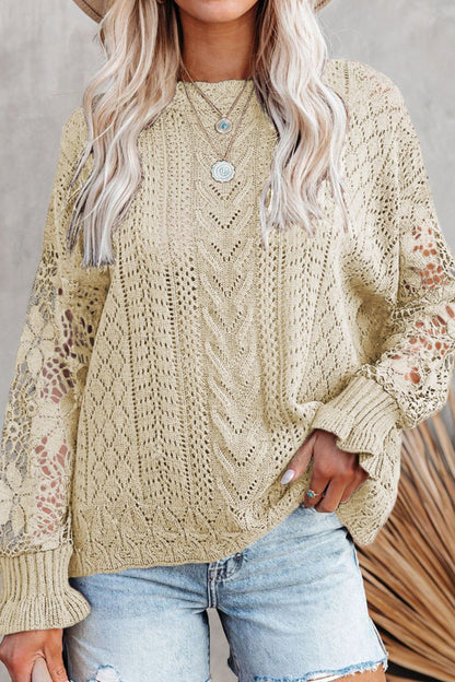 Openwork Round Neck Long Sleeve Sweater-Angel Casuals