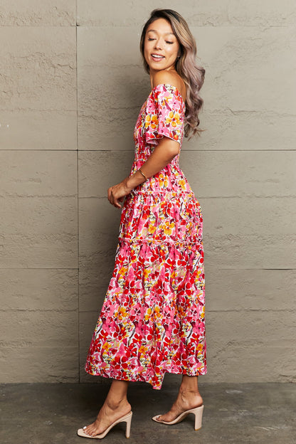 Floral Off-Shoulder Frill Trim Maxi Dress-Angel Casuals