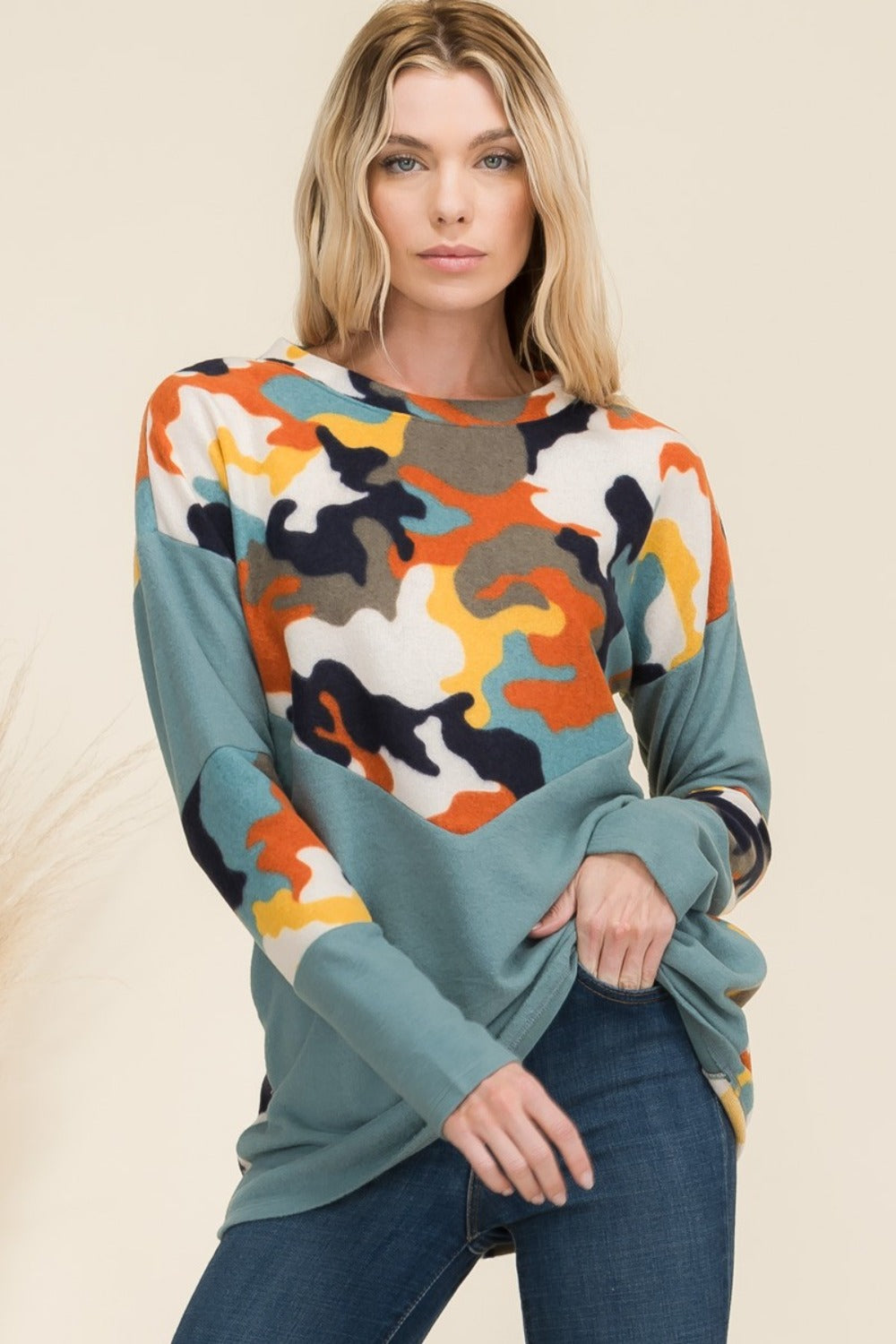 Celeste Full Size Camo Print Contrast Long Sleeve T-Shirt-Angel Casuals