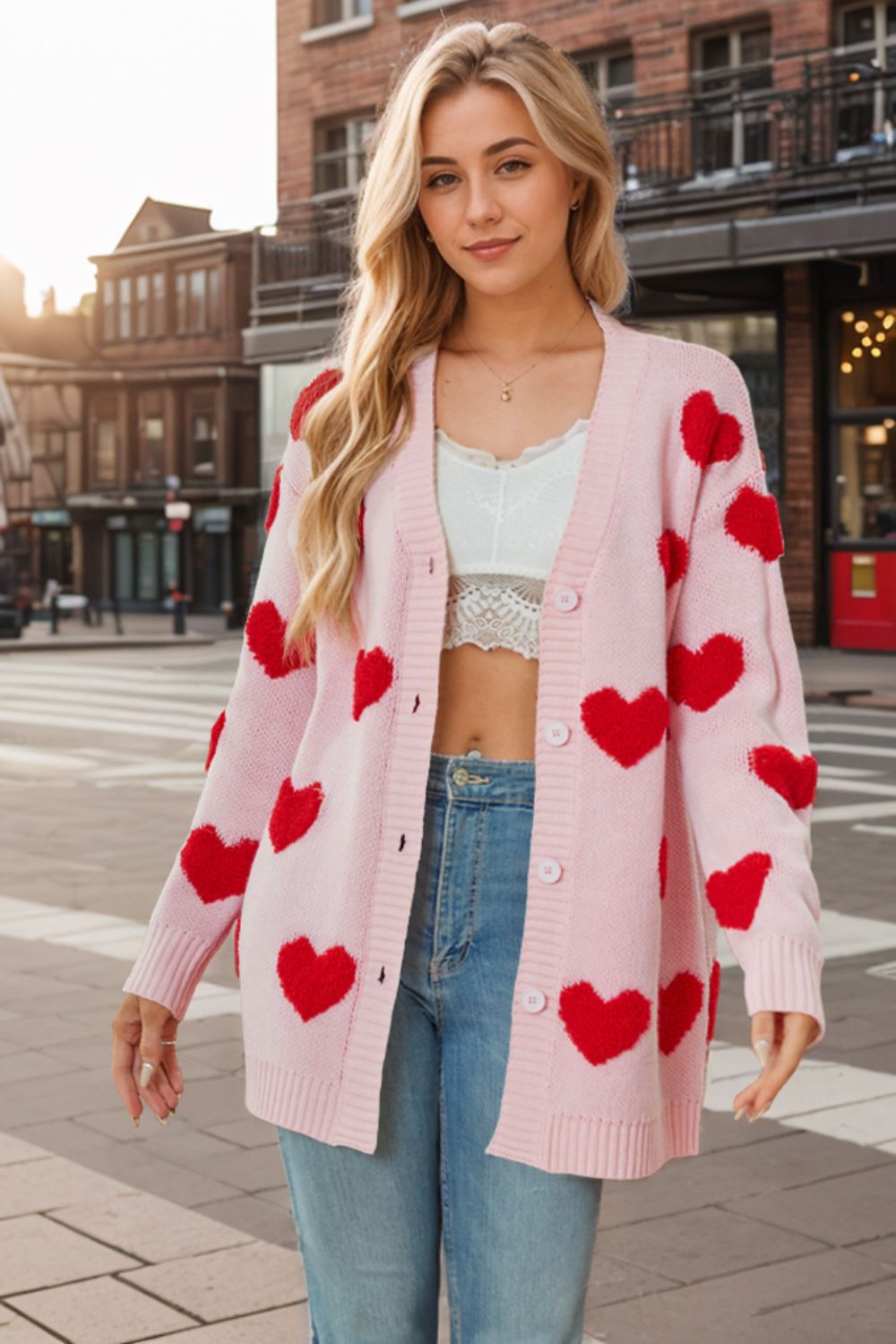 Heart Button Down Long Sleeve Cardigan-Angel Casuals