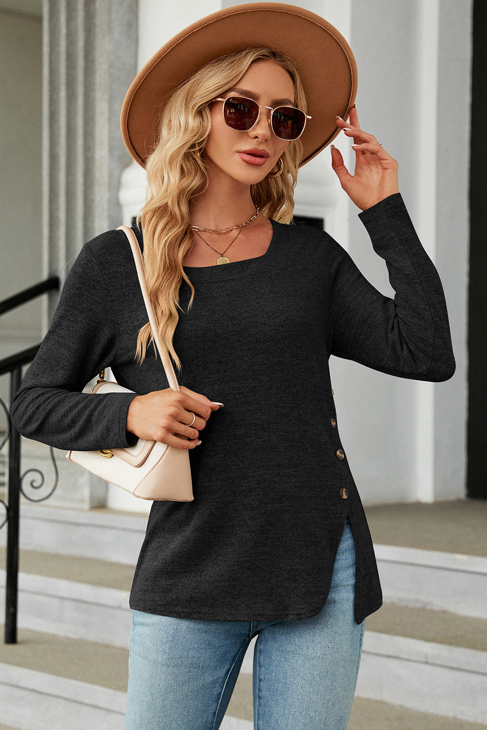 Slit Decorative Button Square Neck T-Shirt-Angel Casuals