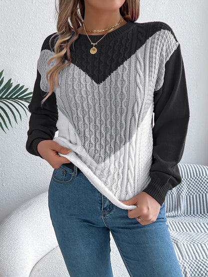 Contrast Round Neck Long Sleeve Sweater-Angel Casuals