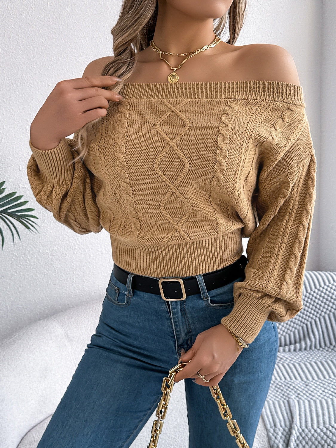 Cable Knit Off-Shoulder Long Sleeve Sweater-Angel Casuals