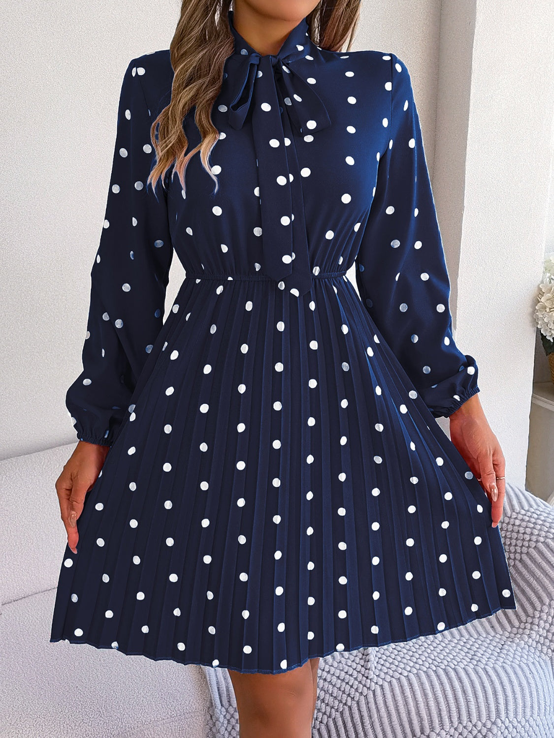 Polka Dot Tie Neck Pleated Dress-Angel Casuals