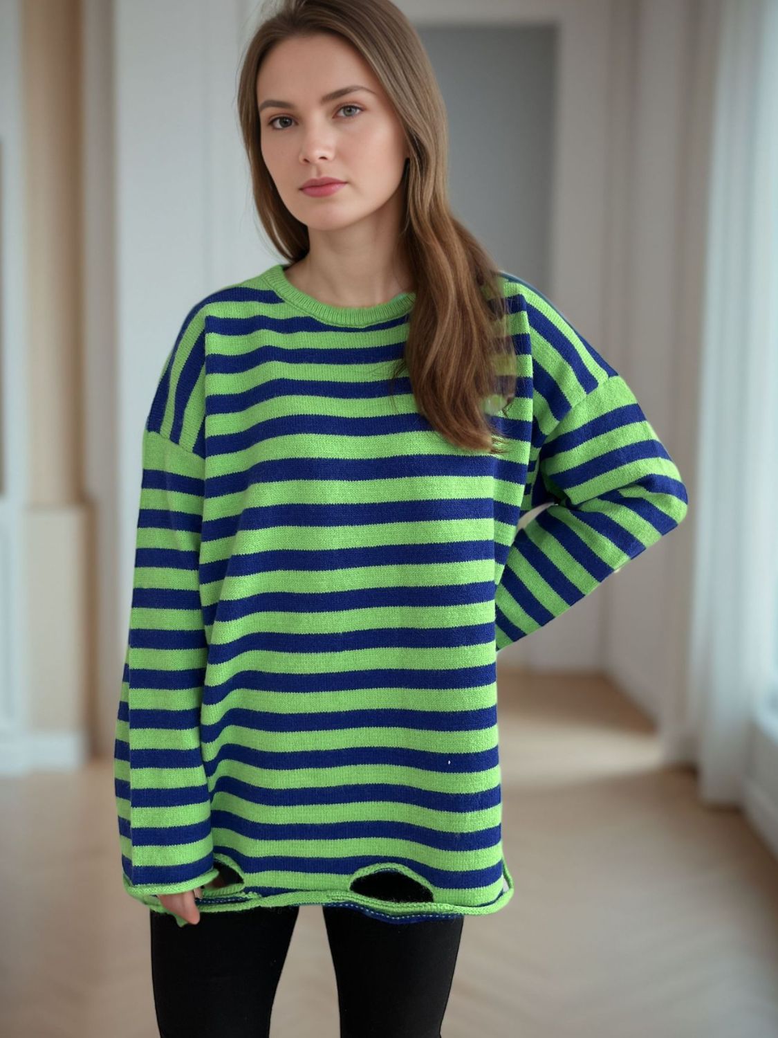 Distressed Striped Round Neck Long Sleeve Sweater-Angel Casuals