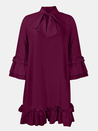 Frill Tie Neck Three-Quarter Sleeve Dress-Angel Casuals