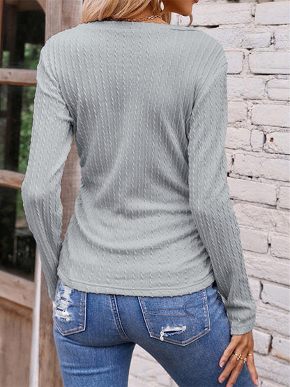 Textured Ruched V-Neck Long Sleeve T-Shirt-Angel Casuals