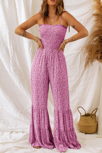 Smocked Printed Wide Strap Jumpsuit-Angel Casuals