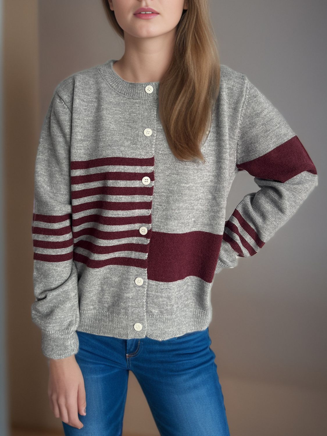 Striped Color Block Round Neck Cardigan-Angel Casuals