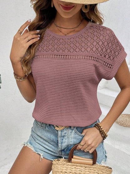 Waffle-Knit Round Neck Short Sleeve Top-Angel Casuals