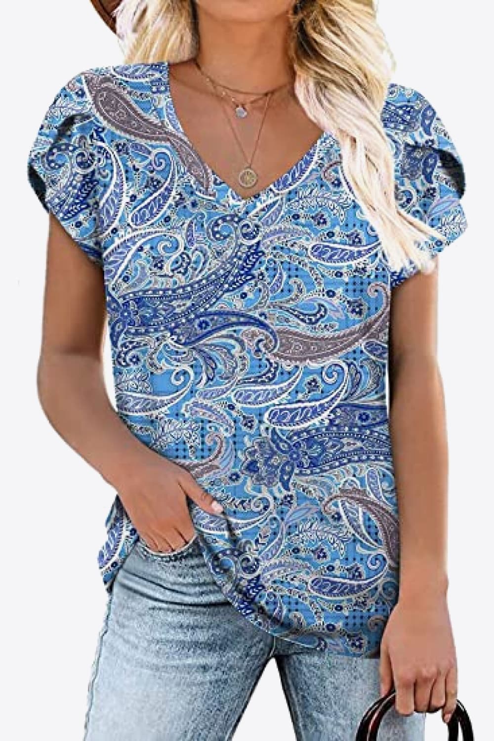 Printed Petal Sleeve V-Neck Blouse-Angel Casuals