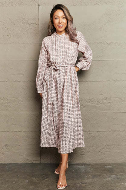 Printed Tie Waist Long Sleeve Dress-Angel Casuals