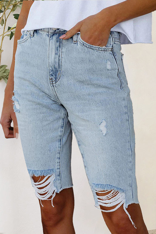 Distressed Raw Hem Denim Shorts-Angel Casuals